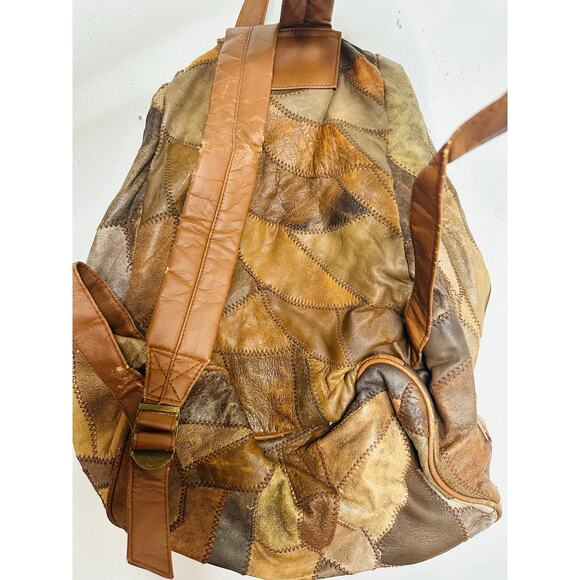 Vintage 1980s/90s Brown Leather Patchwork Clip Front Drawstring Backpack Bag - Picture 10 of 16